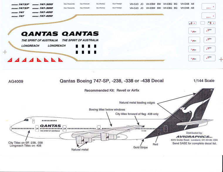 1/144 Scale Decal Qantas 747-SP / 238 / 338 / 438