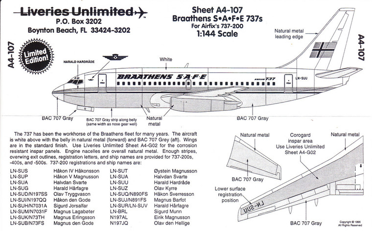 1/144 Scale Decal Braathens S.A.F.E. 737-200