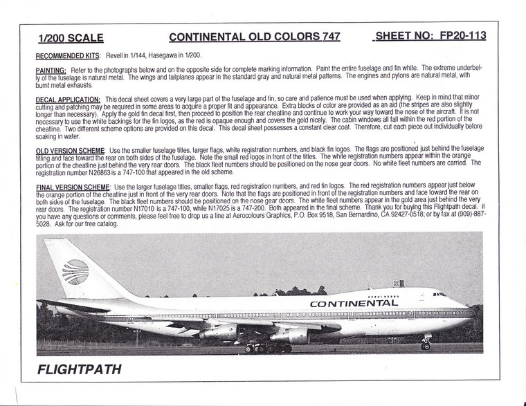 1/200 Scale Decal Continental 747-100 / 200