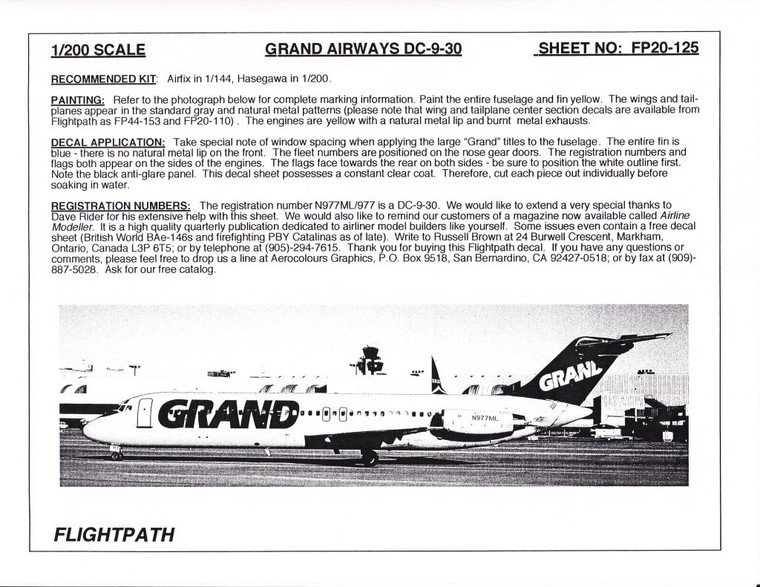 1/200 Scale Decal Grand Airways DC9-30