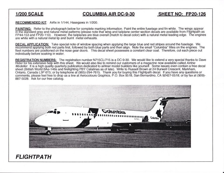 1/200 Scale Decal Air Columbia DC9-30