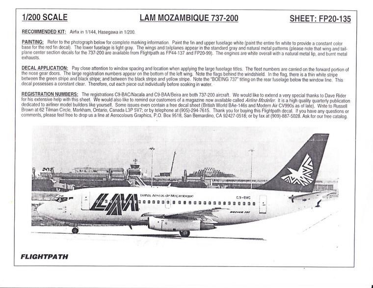1/200 Scale Decal LAM Mozambique 737-200