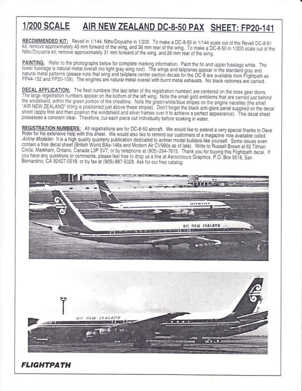 1/200 Scale Decal Air New Zealand DC8-50
