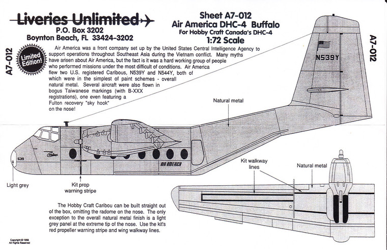1/72 Scale Decal Air America DHC-4