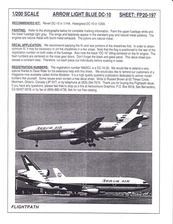 1/200 Scale Decal Arrow Air DC10-30 Light Blue