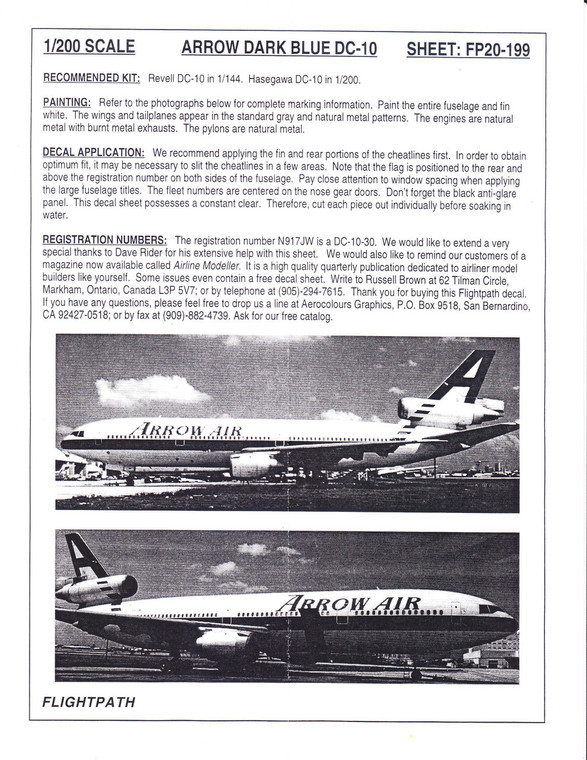 1/200 Scale Decal Arrow Air DC10-30 DARK BLUE