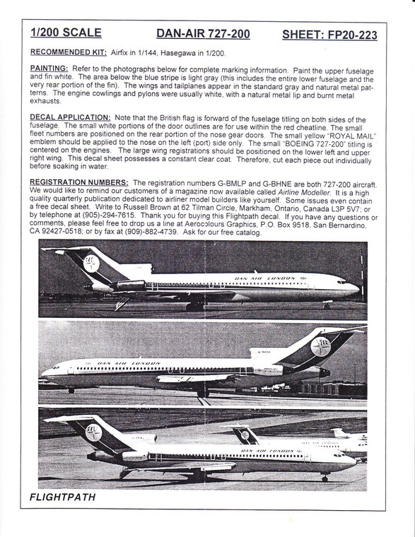 1/200 Scale Decal Dan-Air London 727-200