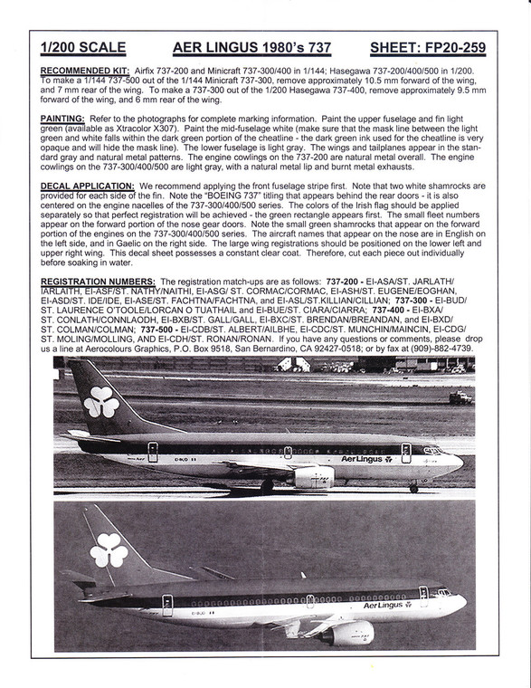 1/200 Scale Decal Aer Lingus 737 1980's