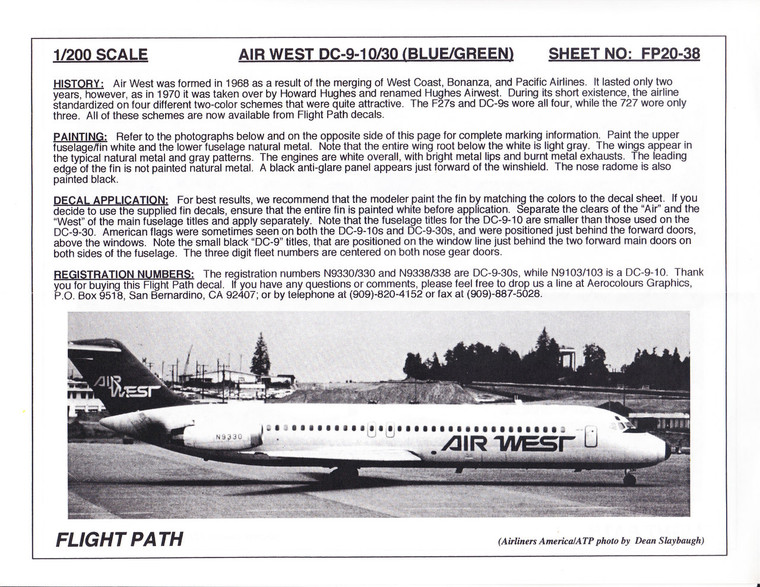 1/200 Scale Decal Air West DC9-10 / 30 BLUE / GREEN