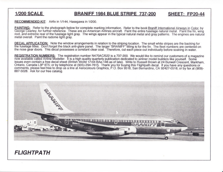 1/200 Scale Decal Braniff 737-200 BLUE STRIPE