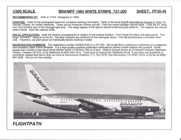 1/200 Scale Decal Braniff 737-200 WHITE STRIPE
