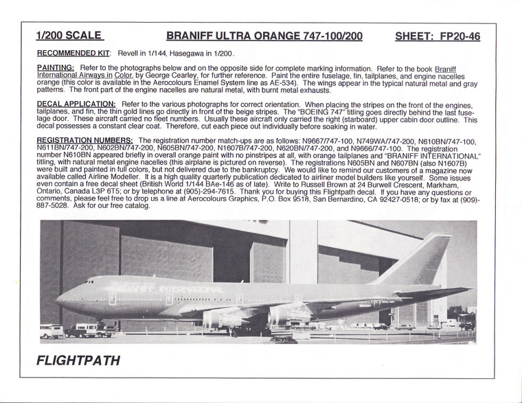 1/200 Scale Decal Braniff 747-100 / 200 ULTRA ORANGE