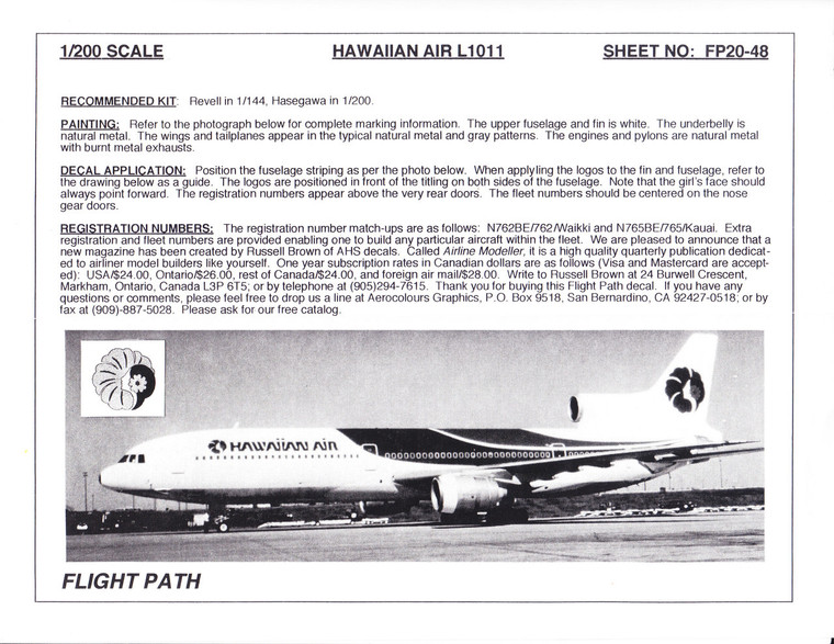 1/200 Scale Decal Hawaiian Air L-1011