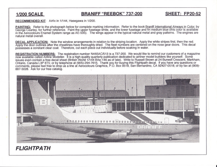 1/200 Scale Decal Braniff 737-200 REEBOCK