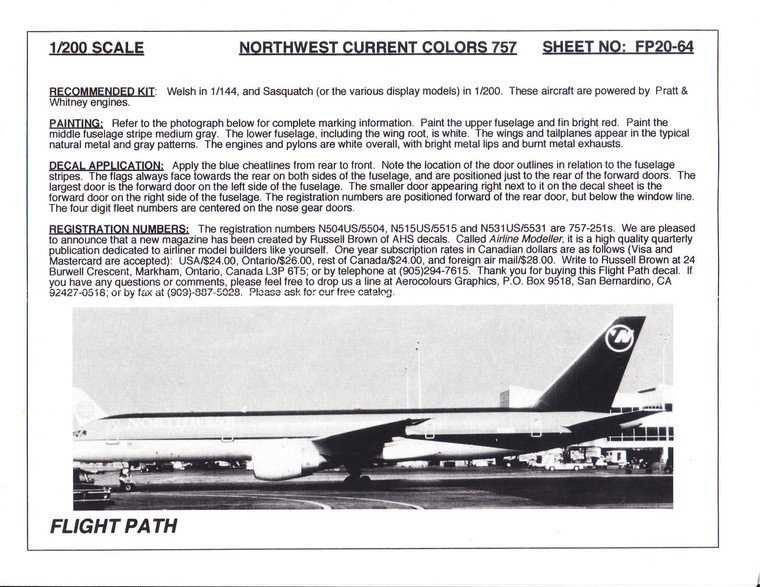 1/200 Scale Decal Northwest Airlines 757-200