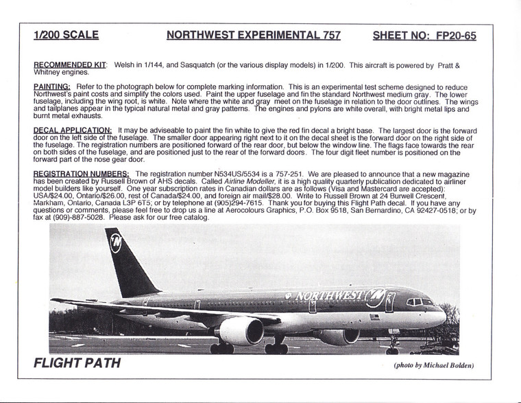 1/200 Scale Decal Northwest Airlines 757-200 EXPERIMENTAL