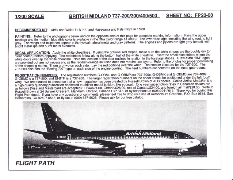 1/200 Scale Decal British Midland 737-200 / 300 / 400 / 500