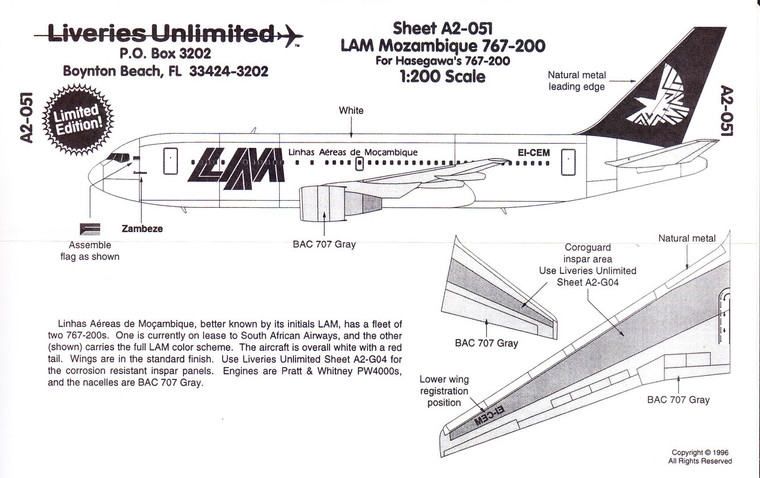 1/200 Scale Decal LAM Mozambique 767-200