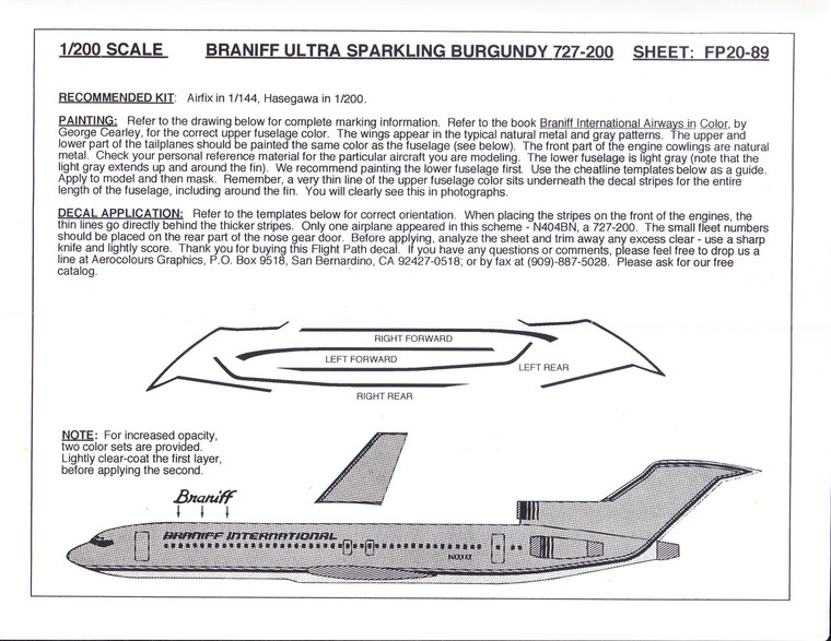 1/200 Scale Decal Braniff Ultra 727-200 SPARKLING BURGUNDY