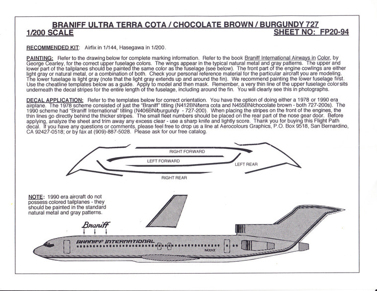 1/200 Scale Decal Braniff Ultra 727-200 TERRA COTA / CHOCOLATE BROWN / BURGUNDY