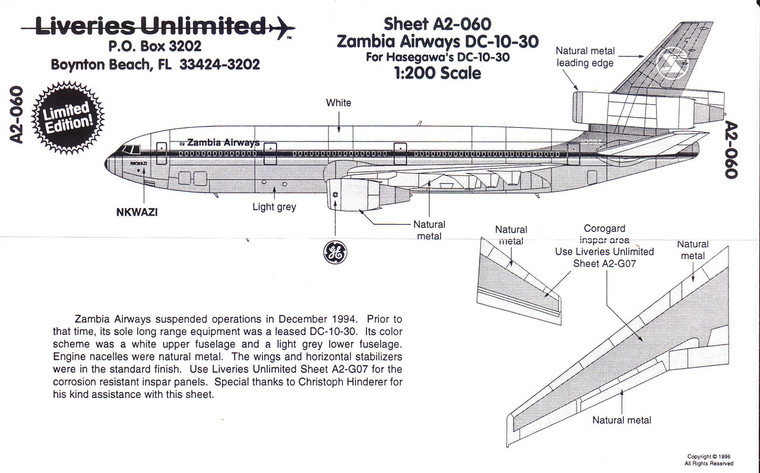 1/200 Scale Decal Zambia Airways DC10-30