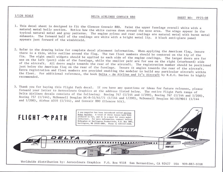 1/126 Scale Decal Delta Airlines Convair 880 (Glencoe)