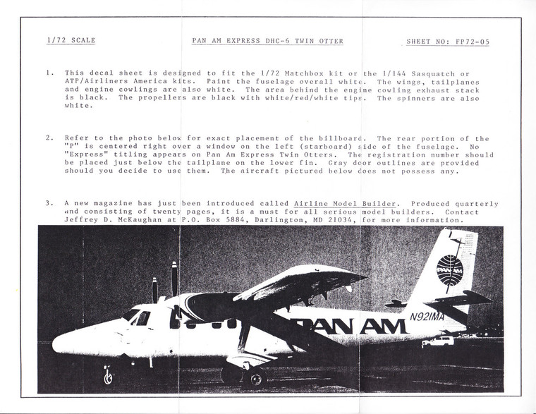 1/72 Scale Decal Pan Am Express DHC-6 Twin Otter