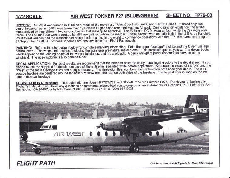 1/72 Scale Decal Air West F-27 BLUE / GREEN