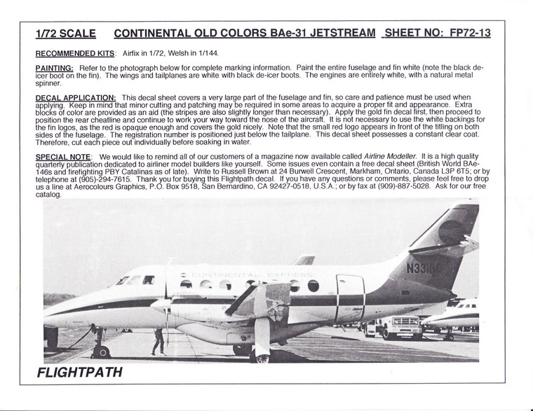 1/72 Scale Decal Continenatal Express BAe 31 Jetstream