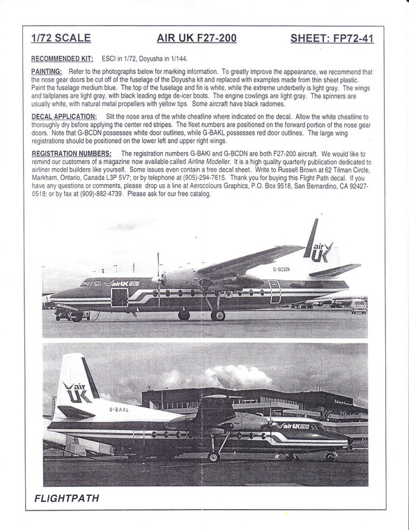 1/72 Scale Decal Air UK F-27-200
