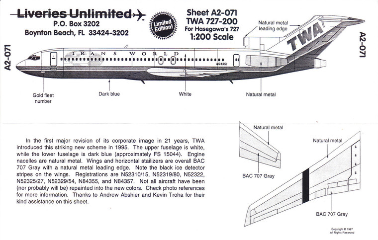 1/200 Scale Decal TWA 727-200 Last Livery