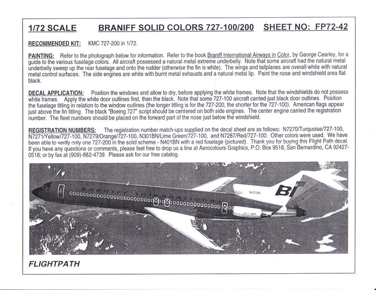 1/72 Scale Decal Braniff International 727-100 / 200