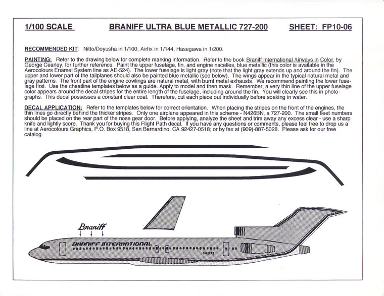 1/100 Scale Decal Braniff International 727-200 ULTRA BLUE METALLIC