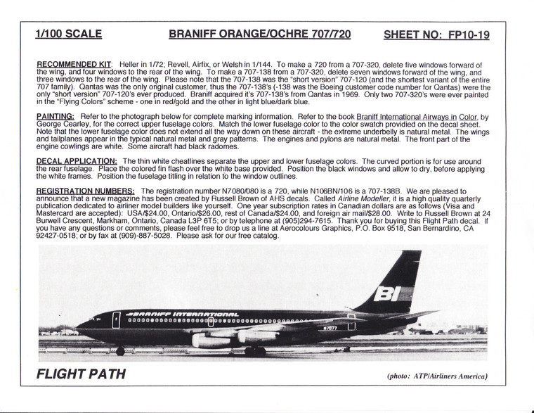 1/100 Scale Decal Braniff International 707 / 720 ORANGE / OCRE