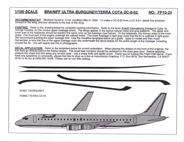 1/100 Scale Decal Braniff DC8-62 ULTRA BURGUNDY / TERRA COTA