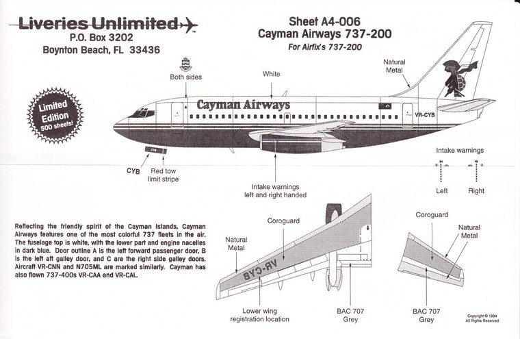 1/144 Scale Decal Cayman Airways 737-200
