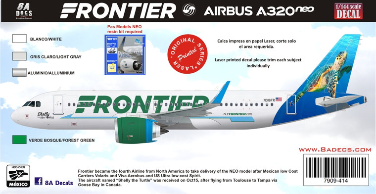 1/144 Scale Decal Frontier A-320 NEO SHELLY THE TURTLE