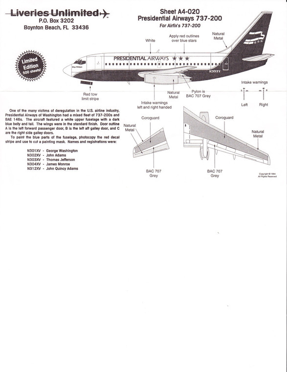 1/144 Scale Decal Presidential 737-200