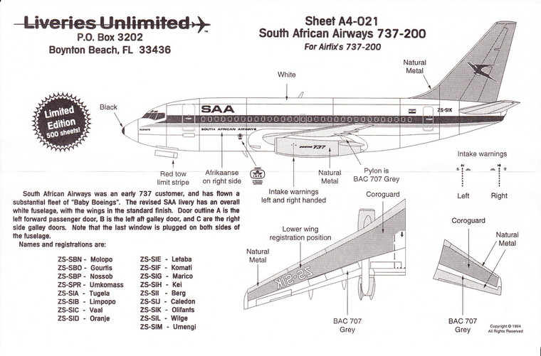 1/144 Scale Decal South African Airways 737-200