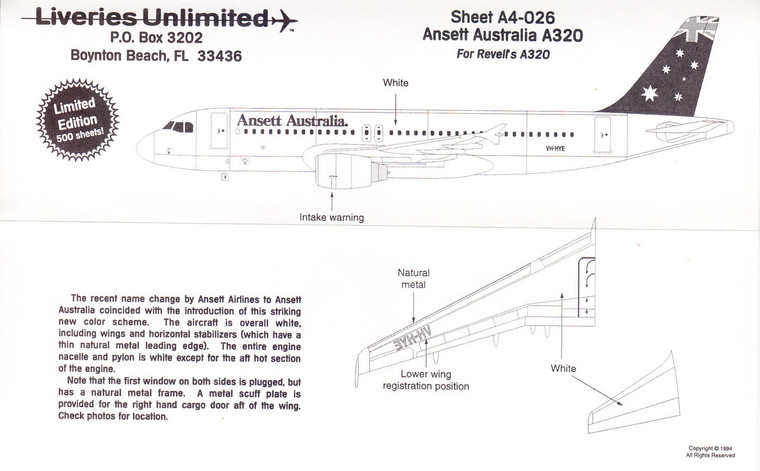 1/144 Scale Decal Ansett Australia A-320