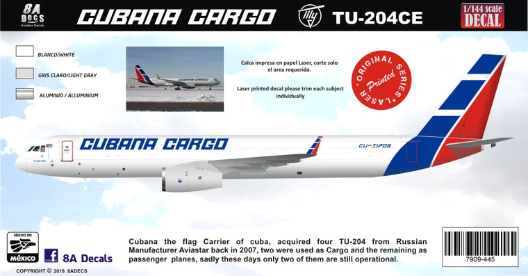 1/144 Scale Decal Cubana Cargo TU-204CE