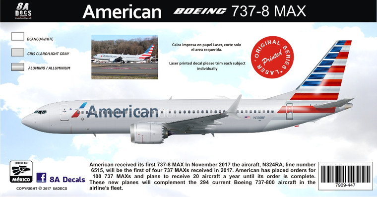 1/144 Scale Decal American 737-8 MAX