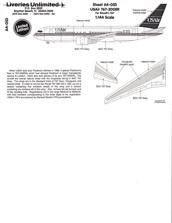 1/144 Scale Decal USAir 767-200ER