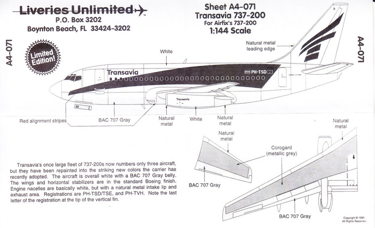 1/144 Scale Decal Transavia 737-200