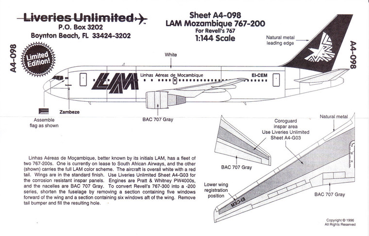 1/144 Scale Decal LAM Mozambique 767-200