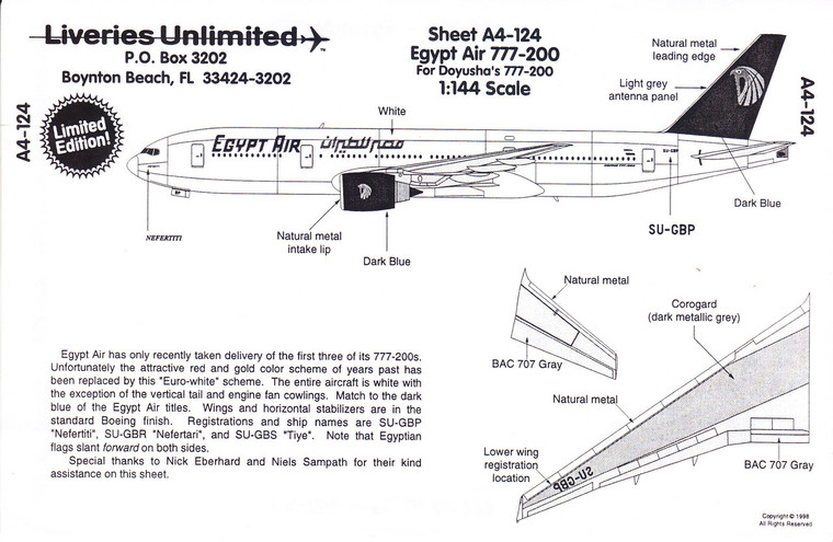 1/144 Scale Decal Egypt Air 777-200