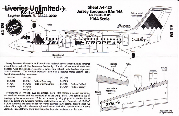 1/144 Scale Decal Jersey European BAe-146