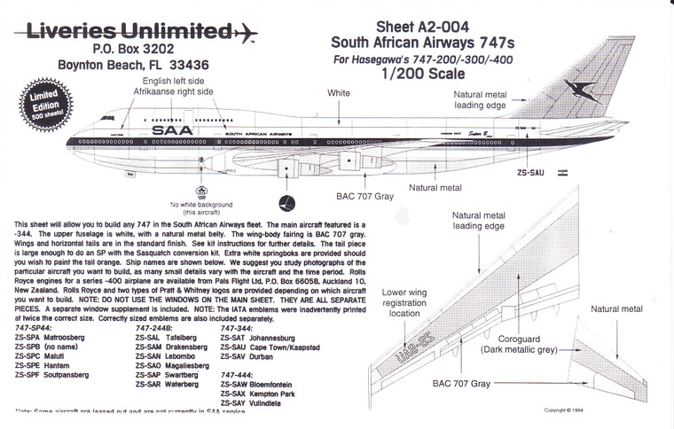 1/200 Scale Decal South African Airways 747