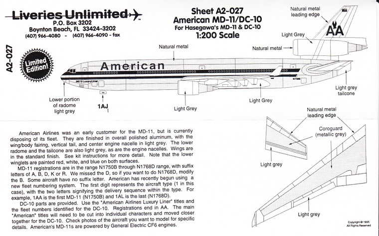 1/200 Scale Decal American Airlines DC-10 / MD-11