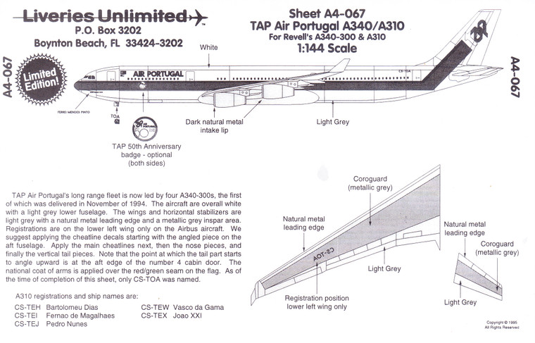 1/144 Scale Decal TAP Air Portugal A-340 / A-310